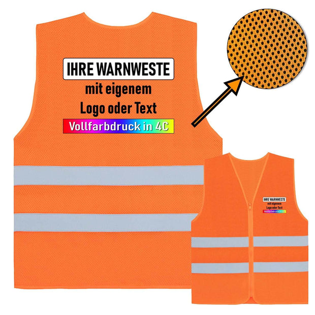 Orange Mesh Warnweste mit Reißverschluss, zwei reflektierenden Leuchtstreifen und individuellem Vollfarbdruck in 4C