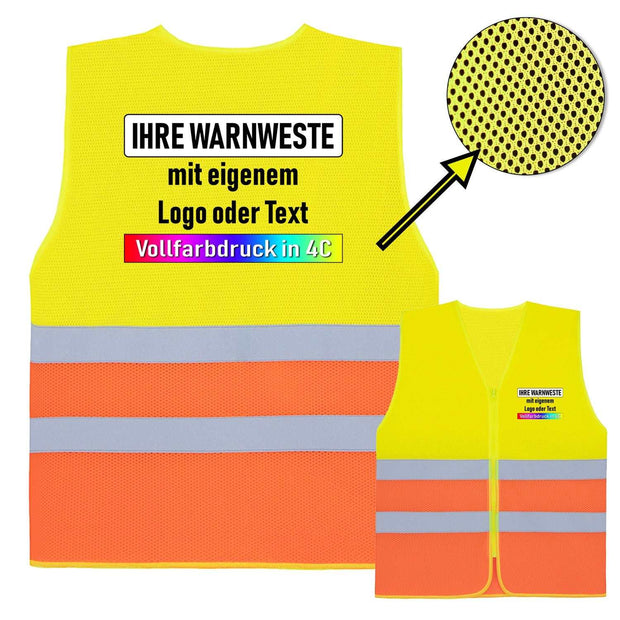 Mesh Warnweste mit Reißverschluss und individueller Bedruckung in Gelb und Orange