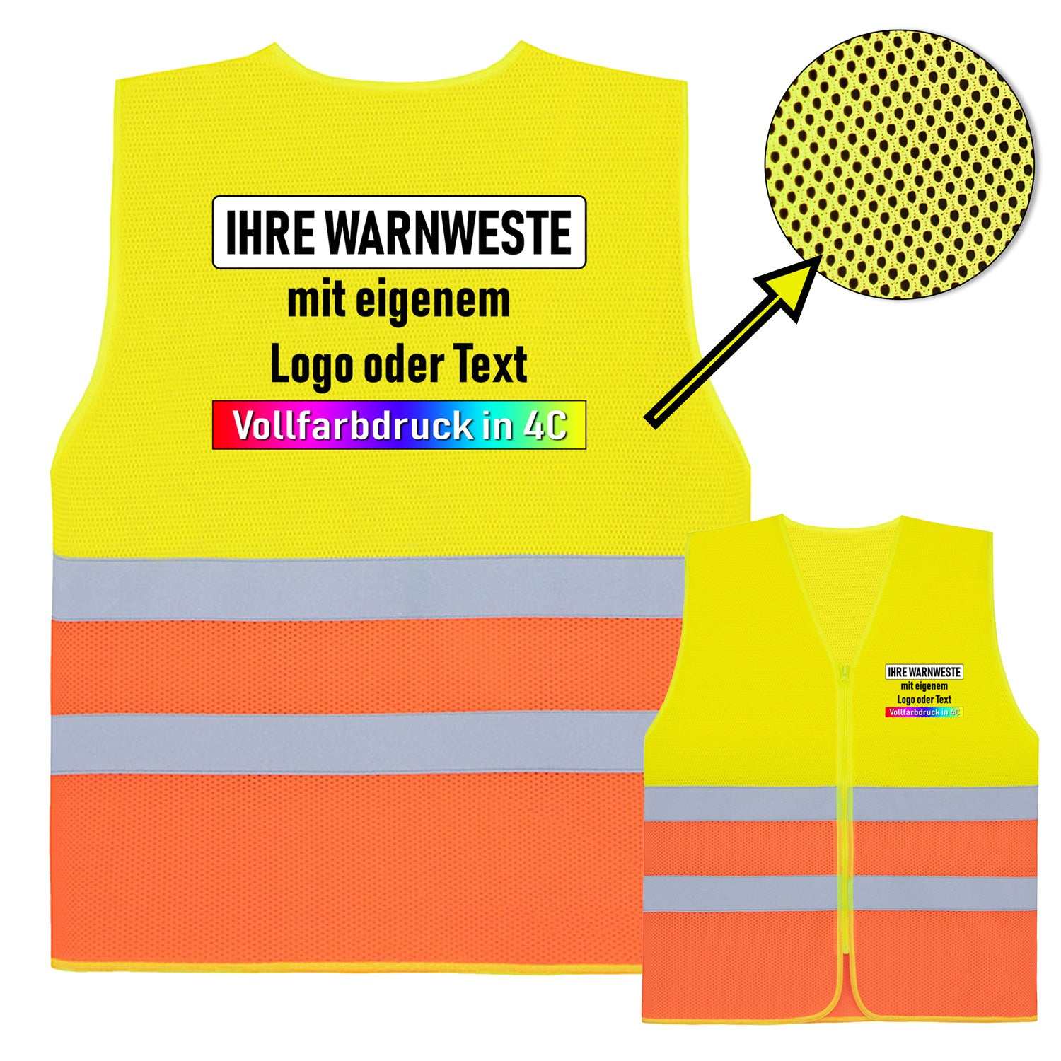 Korntex Mesh Warnweste mit Reißverschluss und leuchtenden Streifen für Sommer und hohe Temperaturen, optional bedruckbar