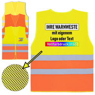 Korntex Mesh Warnweste mit Reißverschluss und drei Leuchtstreifen in verschiedenen Farben und Größen, ideal für sommerliche Einsätze und bedruckbar mit Wunschdesignen.