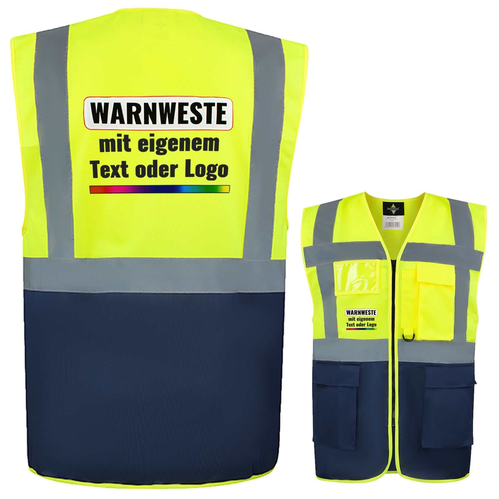 Korntex Multifunktionsweste Berlin mit Taschen, Reißverschluss und Leuchtstreifen in verschiedenen Farben und Größen