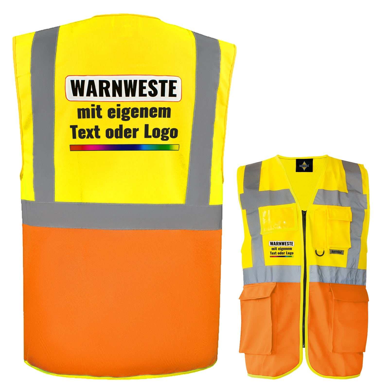 Korntex Multifunktionsweste Berlin mit Taschen, Reißverschluss und Leuchtstreifen in verschiedenen Farben und Größen
