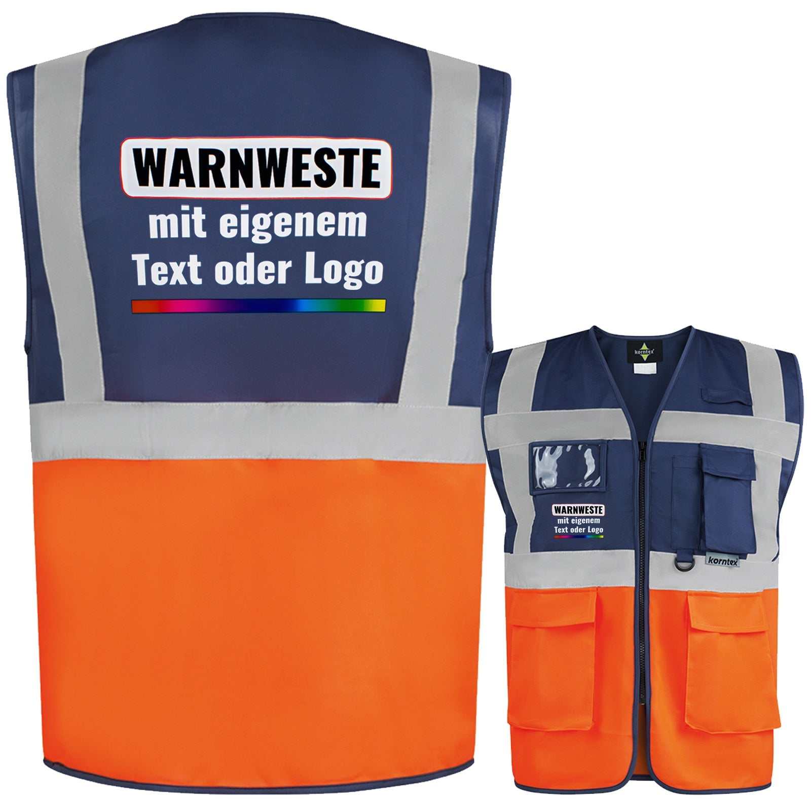 Korntex Multifunktionsweste Berlin mit Taschen, Reißverschluss und Leuchtstreifen in verschiedenen Farben und Größen