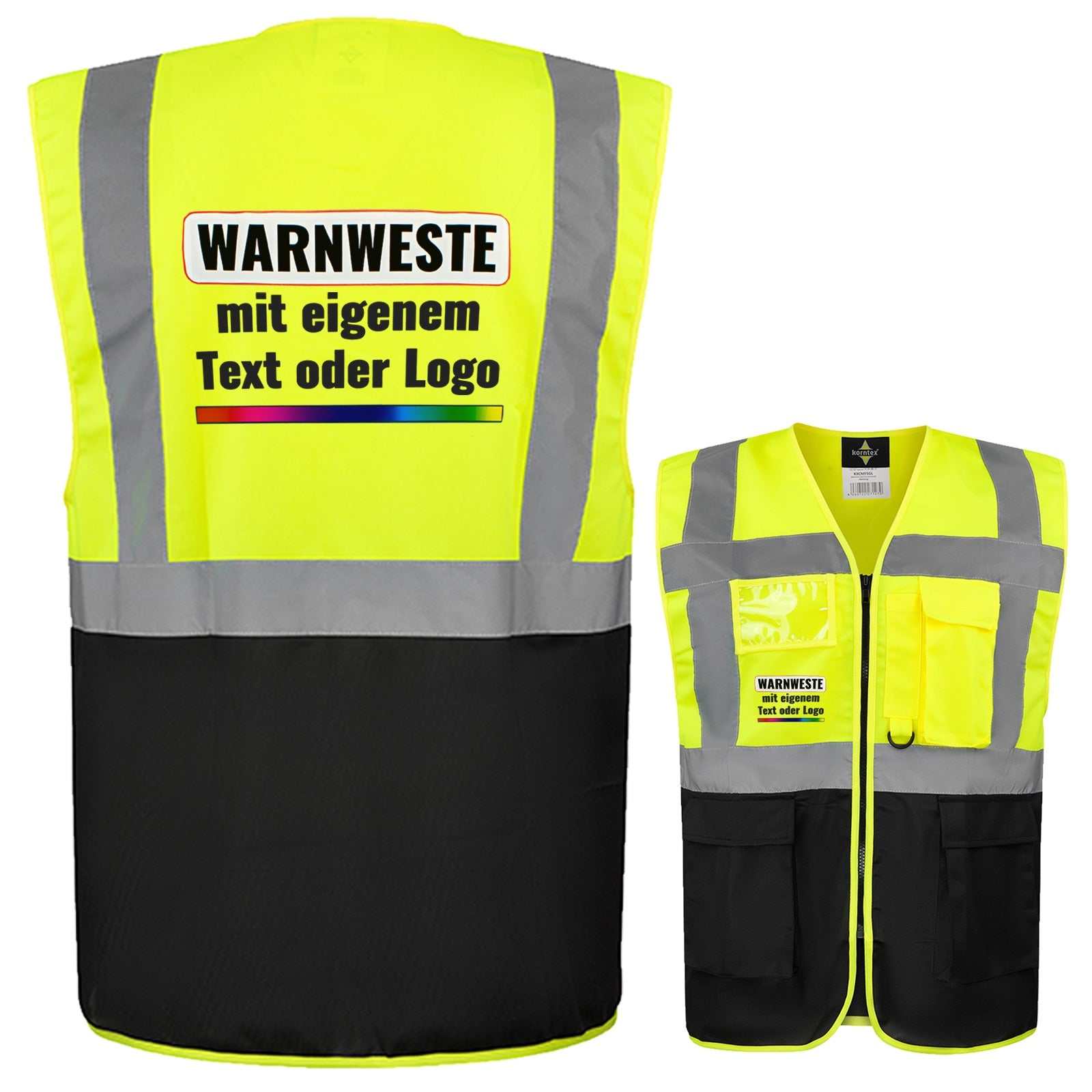 Korntex Multifunktionsweste Berlin mit Reißverschluss, Taschen und Leuchtstreifen in verschiedenen Farben und Größen
