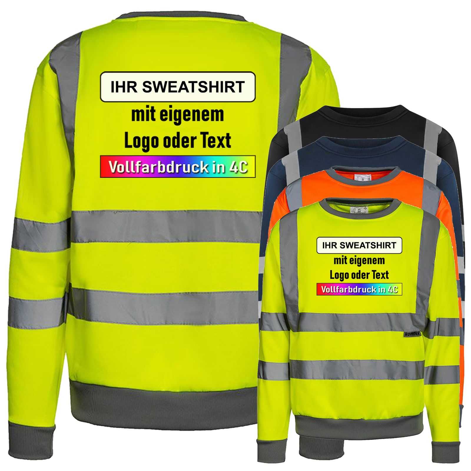 Korntex Hi-Vis Sweatshirt Limerick mit 4 reflektierenden Leuchtstreifen in Signalfarben und Rundhalsausschnitt