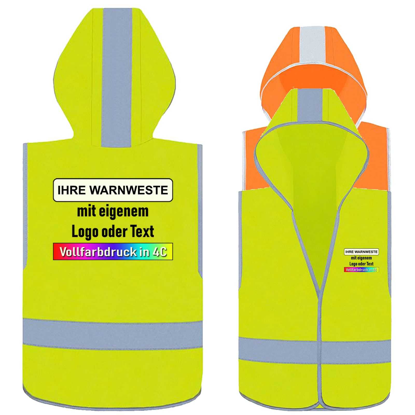 Korntex Kinder Warnweste mit Kapuze „Odense“ in Gelb für Grundschulkinder aus 100% Polyester mit individuell bedruckbarem Design