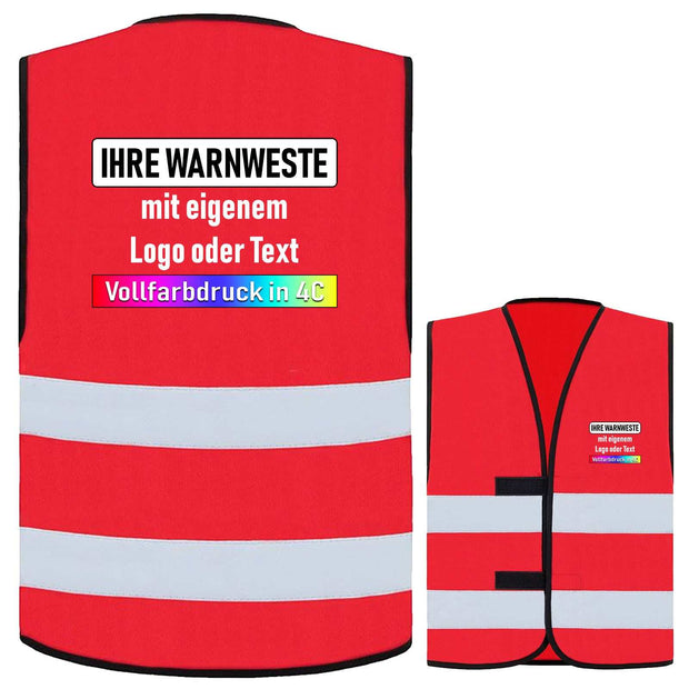 Rote Korntex Warnweste Dortmund mit zwei Leuchtstreifen und Klettverschluss, optional mit individuellem Vollfarbdruck und personalisiertem Logo oder Text