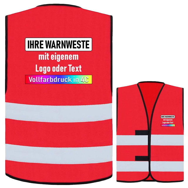 Rote Korntex Warnweste Dortmund mit zwei Leuchtstreifen und Klettverschluss, optional mit individuellem Vollfarbdruck und personalisiertem Logo oder Text