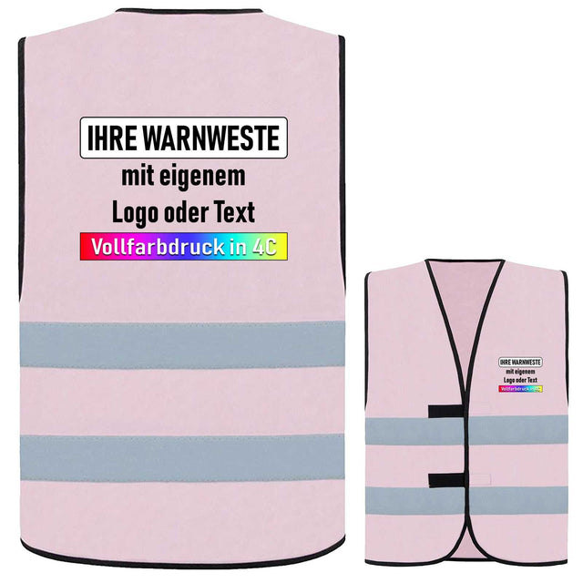 rosafarbene Korntex Warnweste Dortmund mit zwei Leuchtstreifen und Klettverschluss, individualisierbar mit eigenem Logo oder Text, zertifiziert nach EN 17353:2020