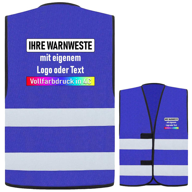 Blaue Korntex Warnweste mit zwei weißen Leuchtstreifen und Klettverschluss, individuell bedruckbar mit eigenem Logo oder Text