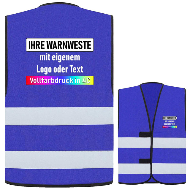 Blaue Korntex Warnweste mit zwei weißen Leuchtstreifen und Klettverschluss, individuell bedruckbar mit eigenem Logo oder Text