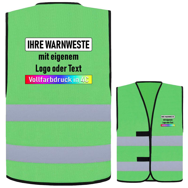 Grüne Korntex Warnweste Dortmund mit zwei reflektierenden Leuchtstreifen und Klettverschluss, optional mit individuellem Vollfarbdruck