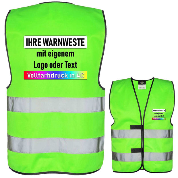 Zertifizierte Korntex Warnweste in Neon-Grün mit 2 reflektierenden Streifen und individuellem Vollfarbdruck für Logo oder Text