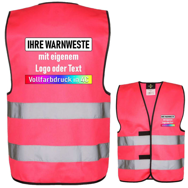 Rote Korntex Warnweste mit Sicherheits-Zertifizierung und individuellem Vollfarbdruck in 4C