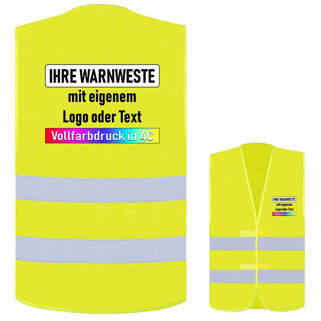 Korntex gelbe Warnweste mit 2 Reflexstreifen und individuellem Vollfarbdruck, Sicherheitszertifiziert nach EN ISO 20471 Klasse 2