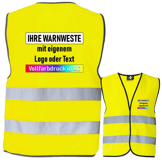 Zertifizierte Korntex Warnweste in Signal-Gelb mit individuellem Logo und Textdruck, reflektierenden Streifen und Sicherheits-Zertifizierung.
