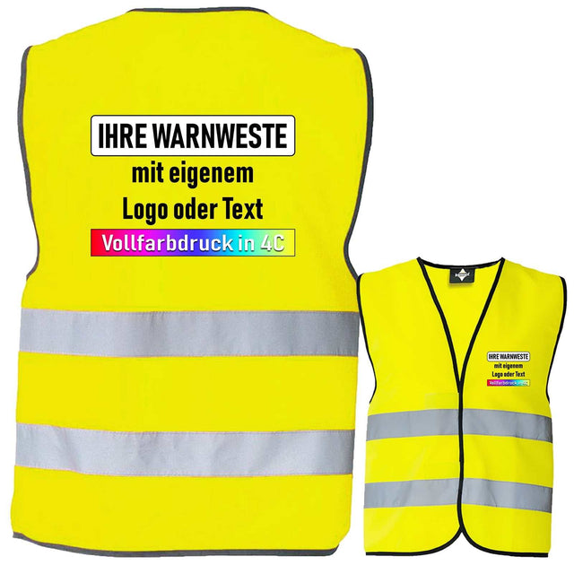 Zertifizierte Korntex Warnweste in Signal-Gelb mit individuellem Logo und Textdruck, reflektierenden Streifen und Sicherheits-Zertifizierung.