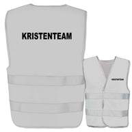 Verschiedene Warnwesten mit Krisenteam-Aufdruck und Leuchtstreifen in mehreren Farben und Größen