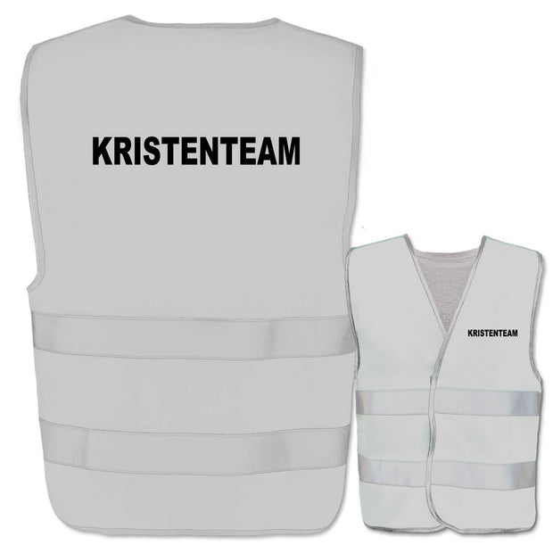 Verschiedene Warnwesten mit Krisenteam-Aufdruck und Leuchtstreifen in mehreren Farben und Größen