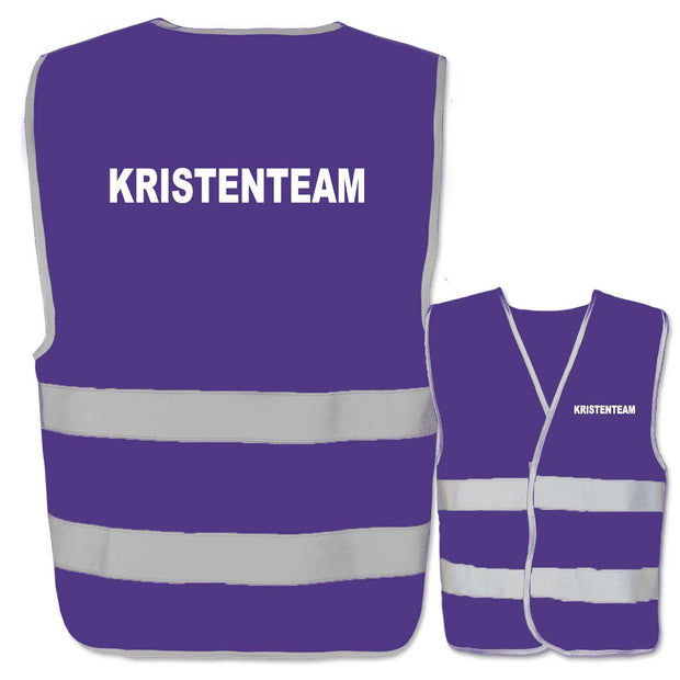 Warnwesten mit Aufdruck Krisenteam in lila mit zwei reflektierenden Leuchtstreifen, verschiedene Größen und individualisierbarer Text