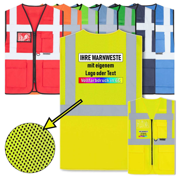 Korntex Mesh Multifunktionsweste Athens mit Reißverschluss, Taschen und Leuchtstreifen in verschiedenen Farben