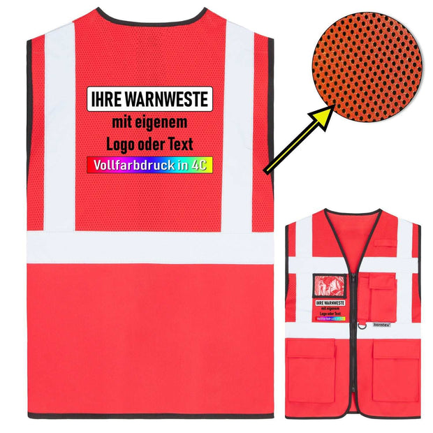 Rote Korntex Mesh Multifunktionsweste "Athens" mit Taschen, Reißverschluss und reflektierenden Streifen, bedruckbar mit individuellem Logo oder Text
