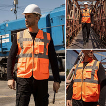 Mesh Multifunktionsweste Korntex Athens in Signalorange mit Reißverschluss und mehreren Taschen getragen von Bauarbeiter