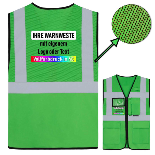 Grüne Korntex Mesh Multifunktionsweste "Athens" mit Reißverschluss, Taschen, Sichtfenster und individuell bedruckbar