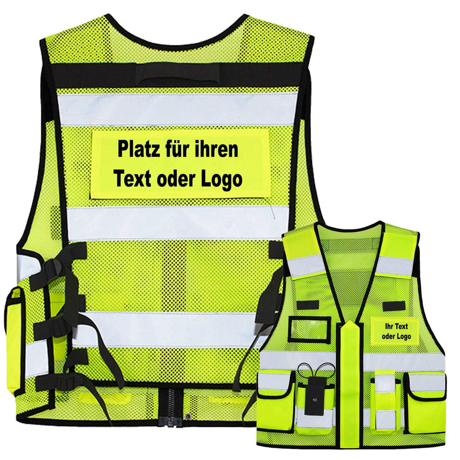Mesh Tactical Weste Sparta mit vielen Taschen, Reflexstreifen und austauschbaren Patches, ideal für Security und Einsatzkräfte.