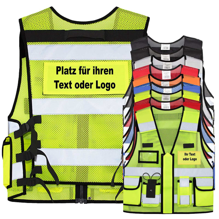 Mesh Tactical Weste „Sparta“ mit vielen Taschen, reflektierenden Streifen und austauschbaren Patches, ideal für Security und Einsatzkräfte, individuell bedruckbar