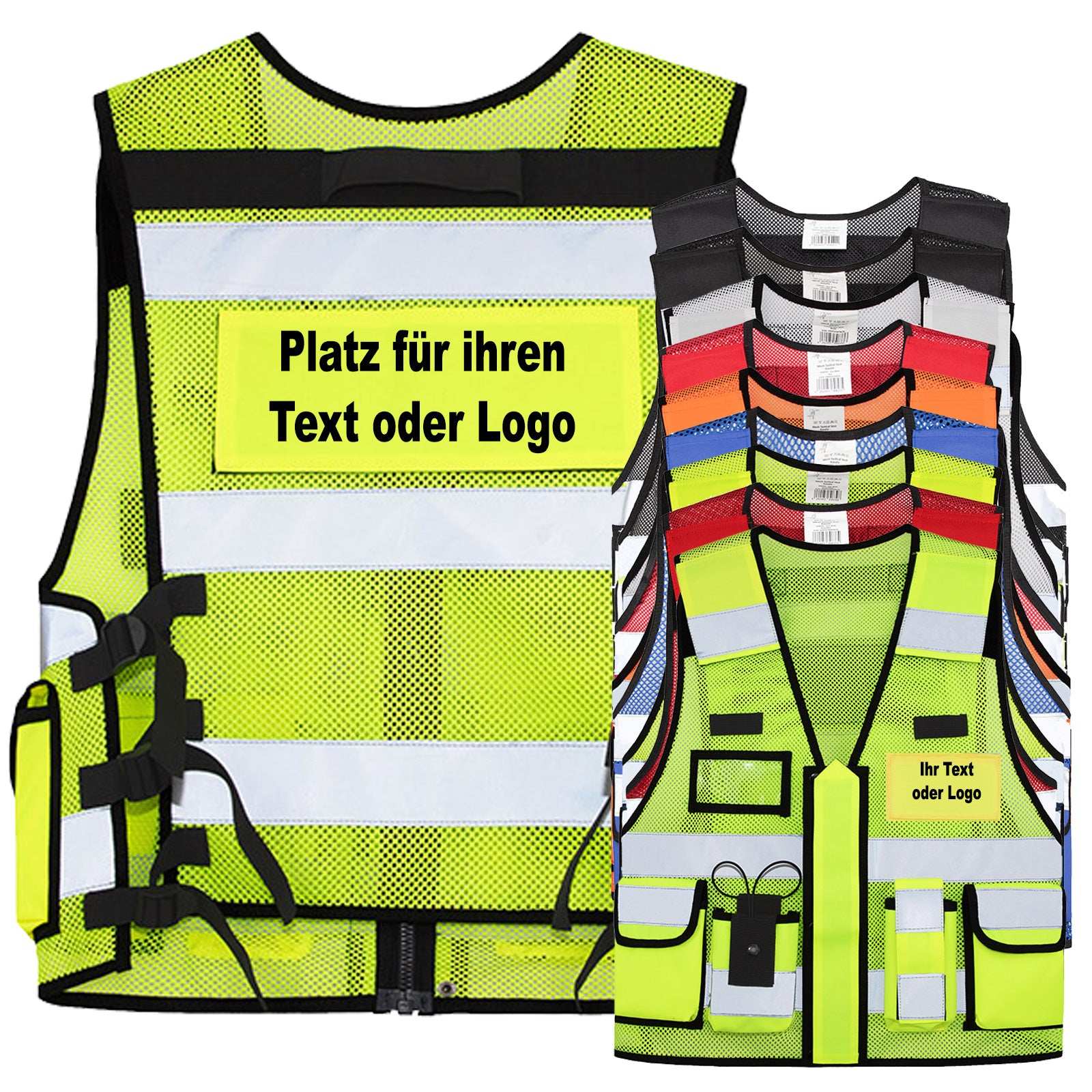 Mesh Tactical Weste „Sparta“ mit vielen Taschen, reflektierenden Streifen und austauschbaren Patches, ideal für Security und Einsatzkräfte, individuell bedruckbar