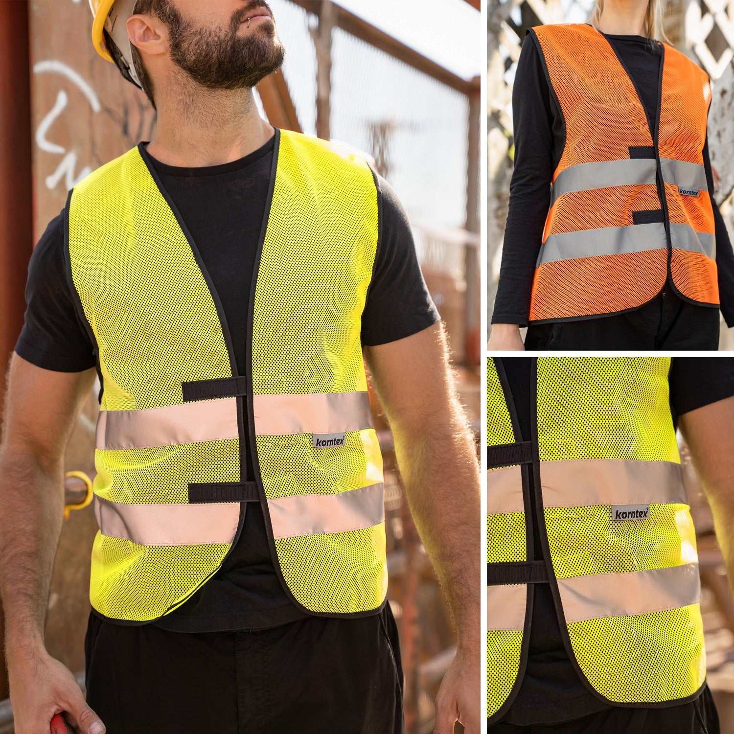 Mesh Warnweste Korntex Thessaloniki in Gelb und Orange mit reflektierenden Streifen, ideal für Sommer und sportliche Aktivitäten