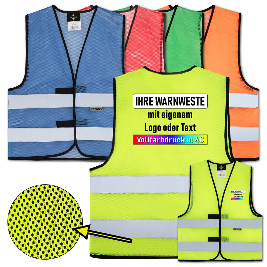 Korntex Mesh Warnweste "Thessaloniki" mit zwei Leuchtstreifen // optional mit Druck