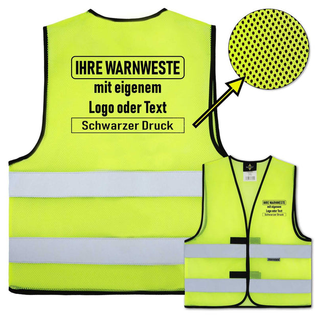 Korntex Mesh Warnweste Thessaloniki gelb mit zwei Leuchtstreifen und individuellem schwarzen Druck