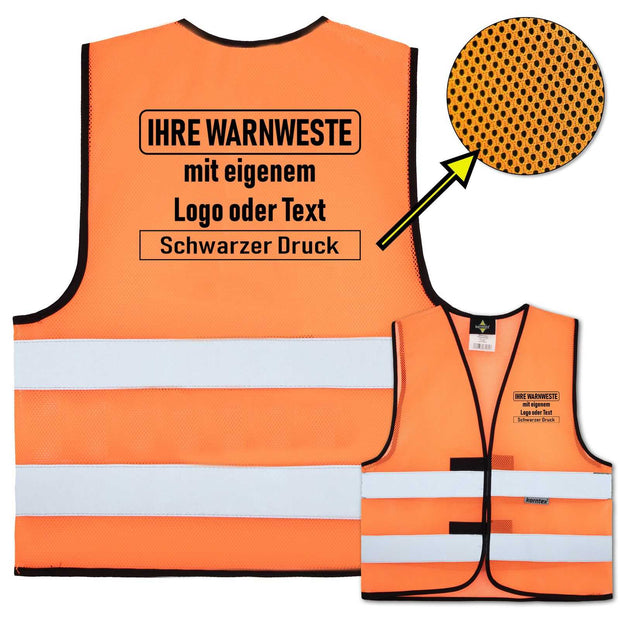 orange Korntex Mesh Warnweste Thessaloniki with two reflective strips and custom black print logo or text