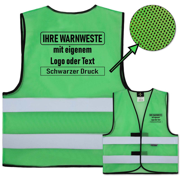 Green Korntex Mesh Warnweste Thessaloniki with two reflective stripes and customizable black print logo or text mesh safety vest
