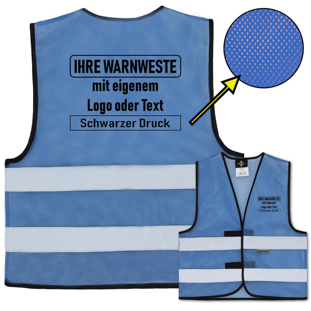 Blau Korntex Mesh Warnweste Thessaloniki mit zwei Leuchtstreifen und schwarzem Druck für individuellen Text oder Logo