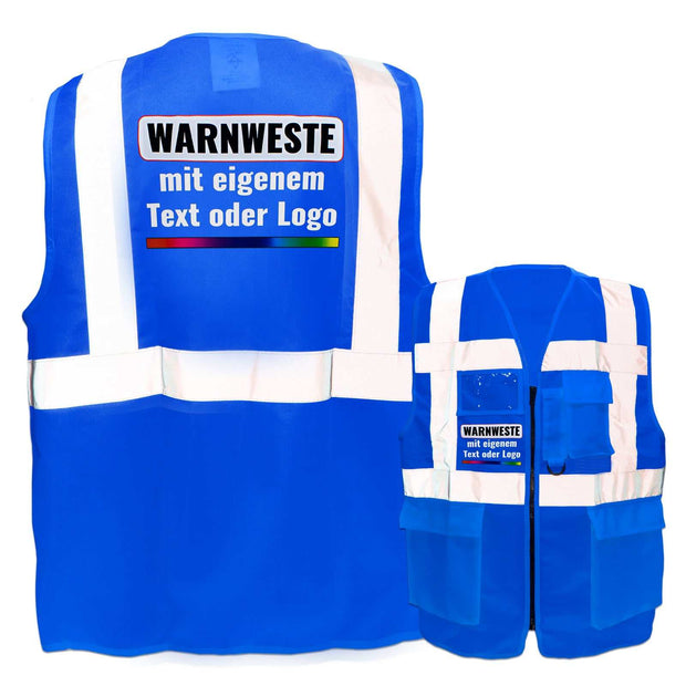 Korntex Multifunktionsweste blau mit Reißverschluss, Taschen, Ausweisfenster und Leuchtstreifen, individuell bedruckbar