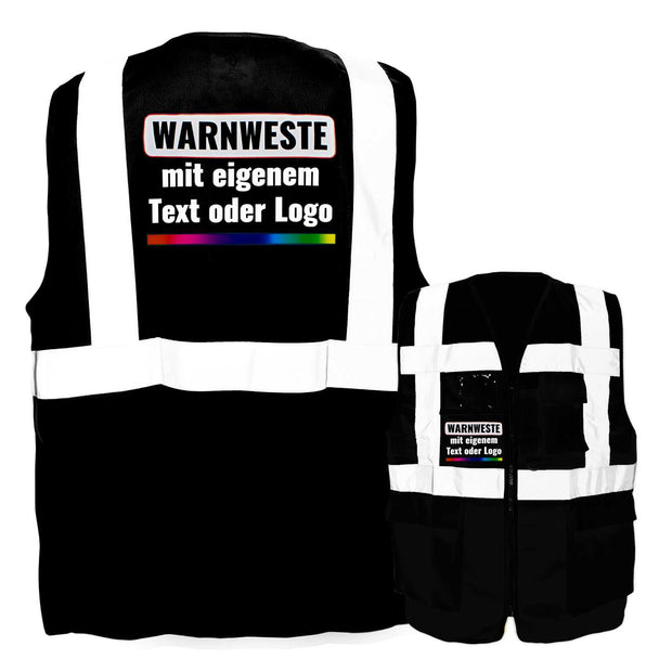 schwarze Korntex Multifunktionsweste mit Reißverschluss, Taschen, Ausweis-Sichtfenster und reflektierenden Streifen, individuell bedruckbar mit Text oder Logo