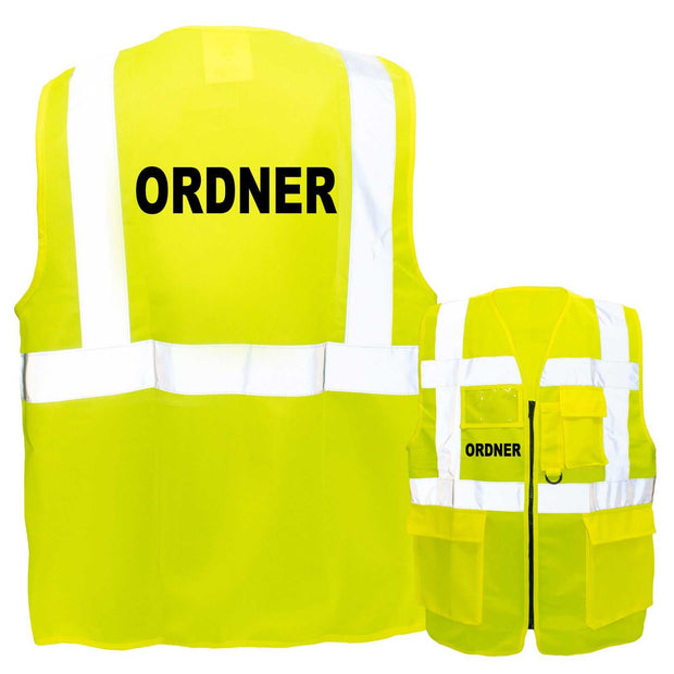 Multifunktionsweste mit Taschen und Reißverschluss in verschiedenen Farben und Größen, bedruckt mit "Ordner" für hohe Sichtbarkeit