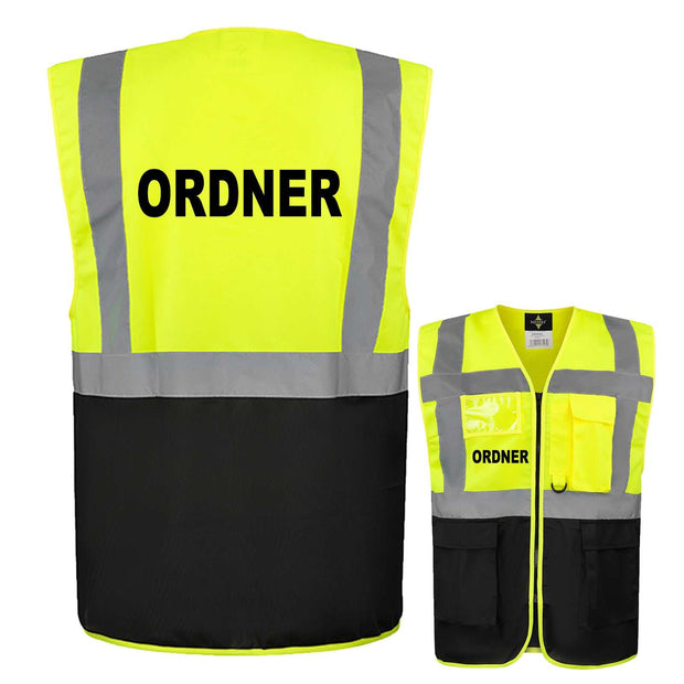 Multifunktionsweste mit Taschen in Warnfarben und Reißverschluss, reflektierend und mit Ordner-Aufdruck