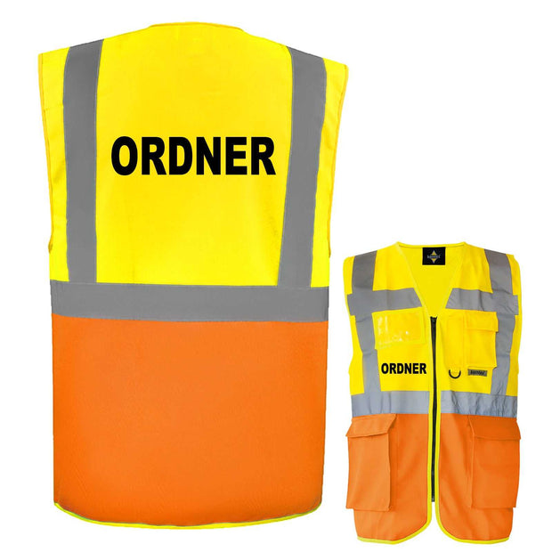 Multifunktionsweste mit Taschen und Reißverschluss in Gelb-Orange mit reflektierenden Streifen und Aufdruck Ordner