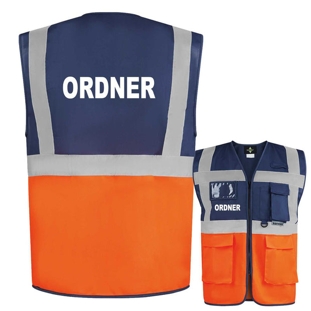 Multifunktionsweste mit Taschen in Blau und Orange, Warnweste mit Reißverschluss und Ordner-Aufdruck, reflektierende Sicherheitsweste