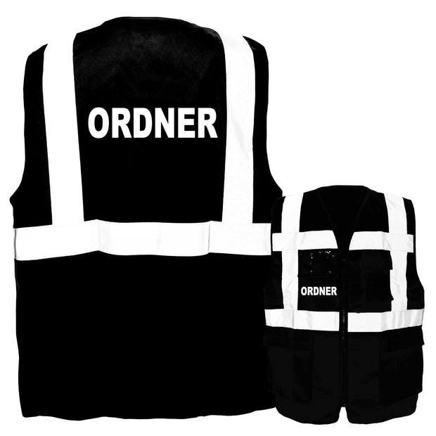 Schwarze Multifunktionsweste mit Taschen, Reißverschluss und "Ordner" Aufdruck, reflektierende Streifen, viele Farben und Größen verfügbar