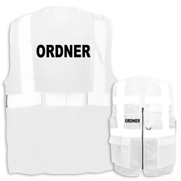 Weiße Multifunktionsweste mit Taschen, Reißverschluss und "ORDNER" Aufdruck, reflektierend und zertifiziert nach EN ISO 20471