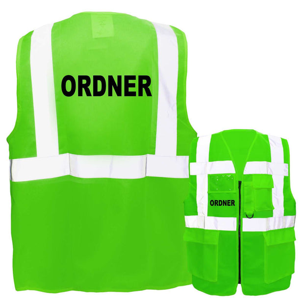 Grüne Multifunktionsweste mit Taschen und Reißverschluss, Aufdruck Ordner, reflektierende Streifen, EN ISO 20471 zertifiziert