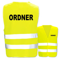 Gelbe Ordner-Warnweste mit zwei Leuchtstreifen und individuellem Aufdruck