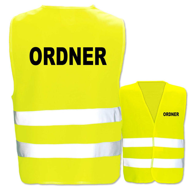 Gelbe Ordner-Warnweste mit zwei Leuchtstreifen und individuellem Aufdruck