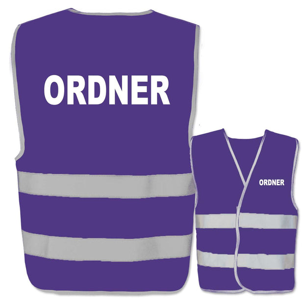 Lila Ordner-Warnweste mit zwei reflektierenden Leuchtstreifen vorne und hinten, verstellbar in verschiedenen Größen