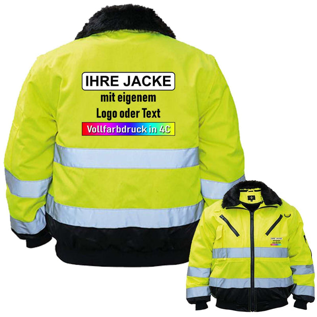 4-in-1 Premium Pilotenjacke Oslo mit Leuchtstreifen, abnehmbaren Ärmeln und Innenfutter, wasserabweisend, individuell bedruckbar, zertifizierte Warnweste, gelb-schwarz